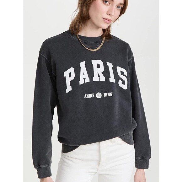 Anine Bing Tops - Anine Bing Paris Pullover Sweatshirt in Washed Black with White Logo